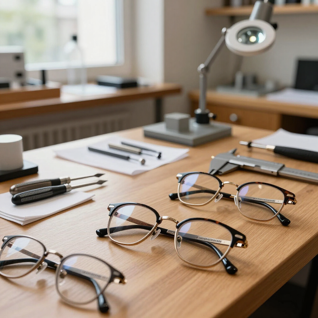 Gafas expuestas sobre un escritorio de madera en la consulta de un óptico, con herramientas y una lámpara cerca.