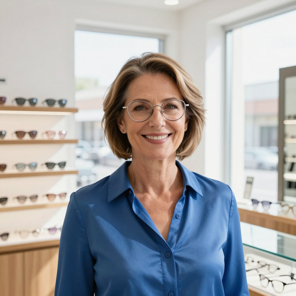 Persona sonriente con camisa azul y gafas de pie en una óptica.