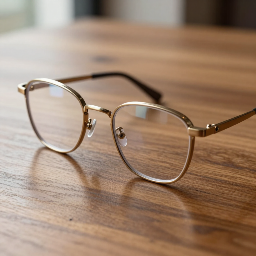 Gafas con montura dorada sobre una mesa de madera, vista lateral.