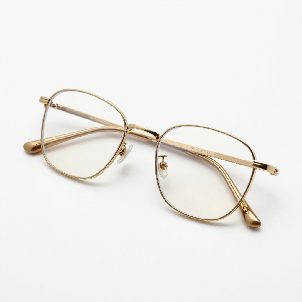 Gafas con montura dorada y lentes transparentes sobre fondo blanco.