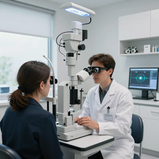 Médico examinando a un paciente con lámpara de hendidura en una clínica oftalmológica luminosa, con un monitor al fondo.