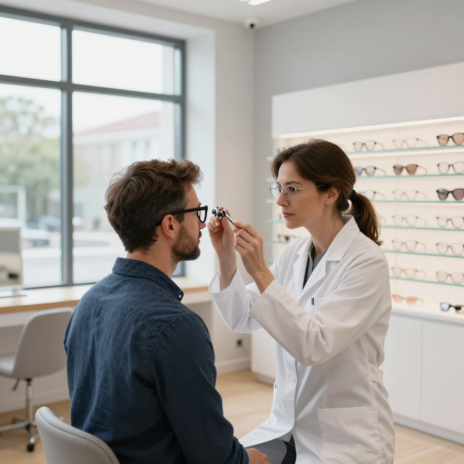 Optometrista examinando los ojos de un paciente sentado en una luminosa óptica.