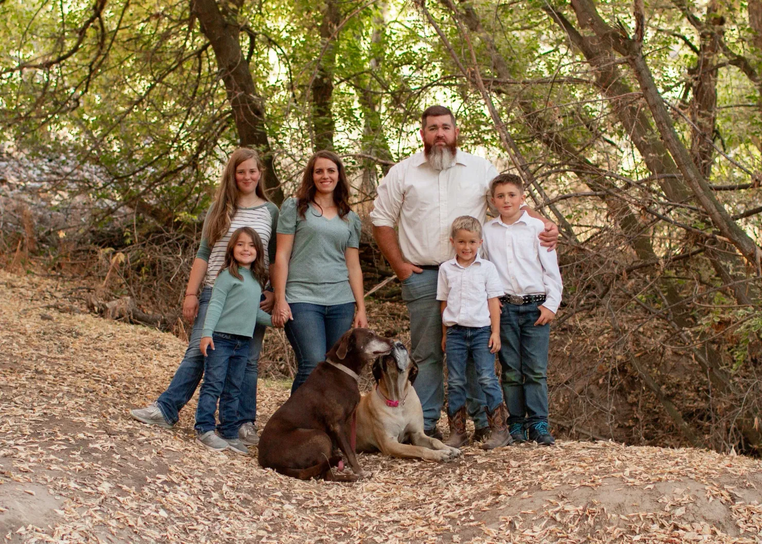 A family of six and two dogs posing in a woodland setting covered in fallen leaves.