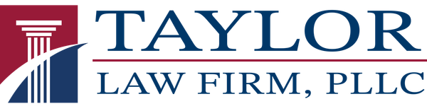 Logo of Taylor Law Firm, PLLC with a pillar icon in red and blue.