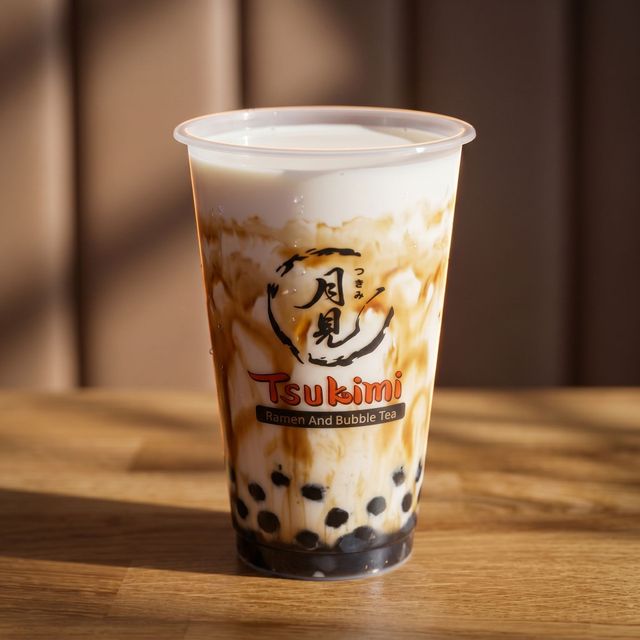 Clear plastic cup of milk tea with black tapioca pearls and a logo, on a wooden table.