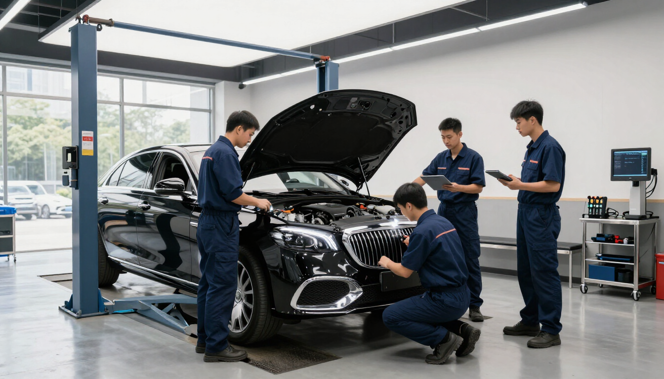 Mecánicos inspeccionando un coche negro con el capó abierto en un taller mecánico bien iluminado.