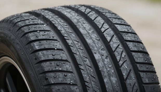 Primer plano de la banda de rodadura de un neumático de coche con gotas de lluvia sobre el caucho.