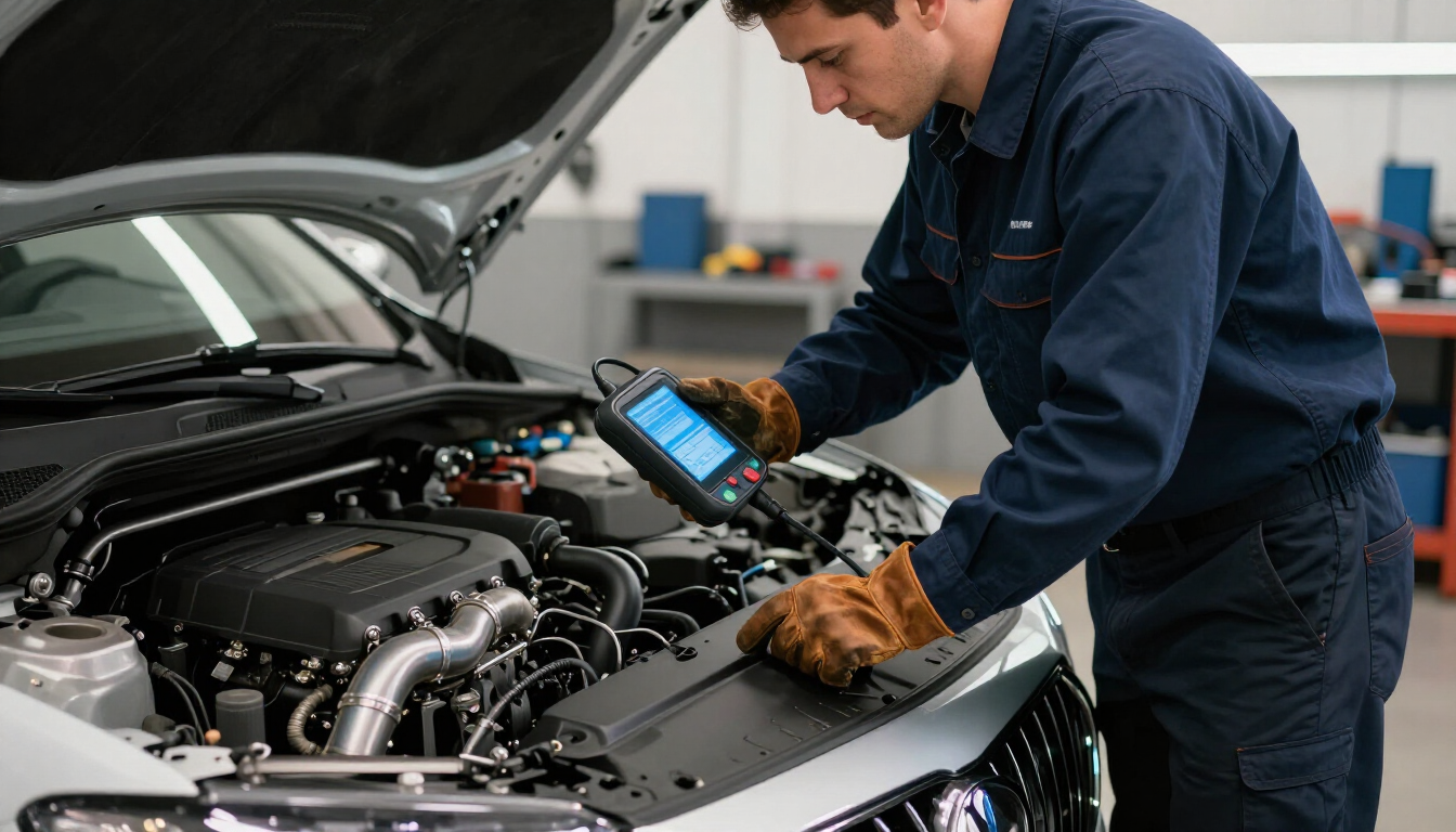 Mecánico utilizando una tableta de diagnóstico para inspeccionar el motor de un automóvil en un taller de reparación.