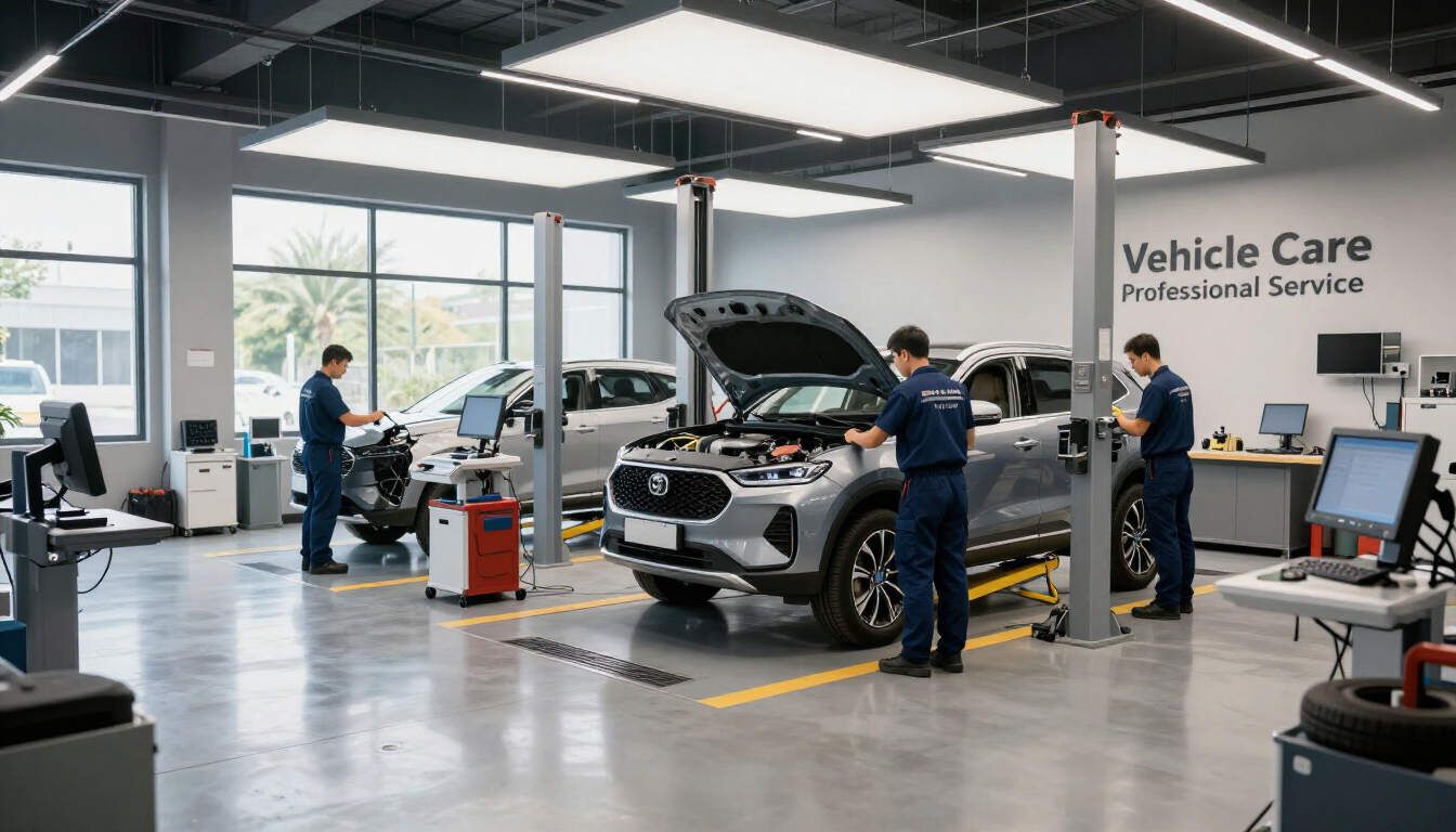 Área de servicio automotriz con mecánicos inspeccionando una camioneta SUV plateada bajo luces brillantes del techo.