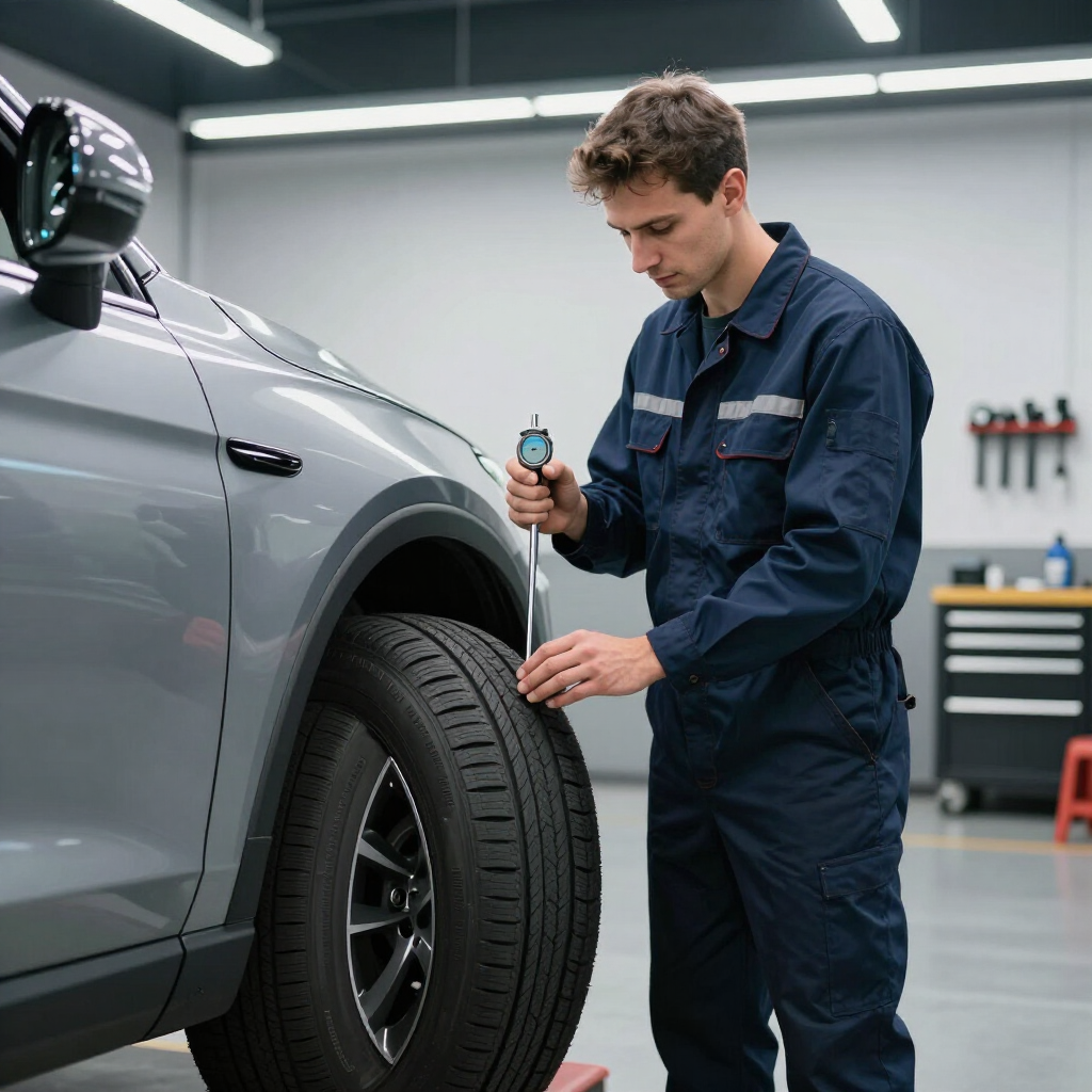 Mecánico revisando la banda de rodadura de un neumático plateado en un taller con una herramienta de medición.