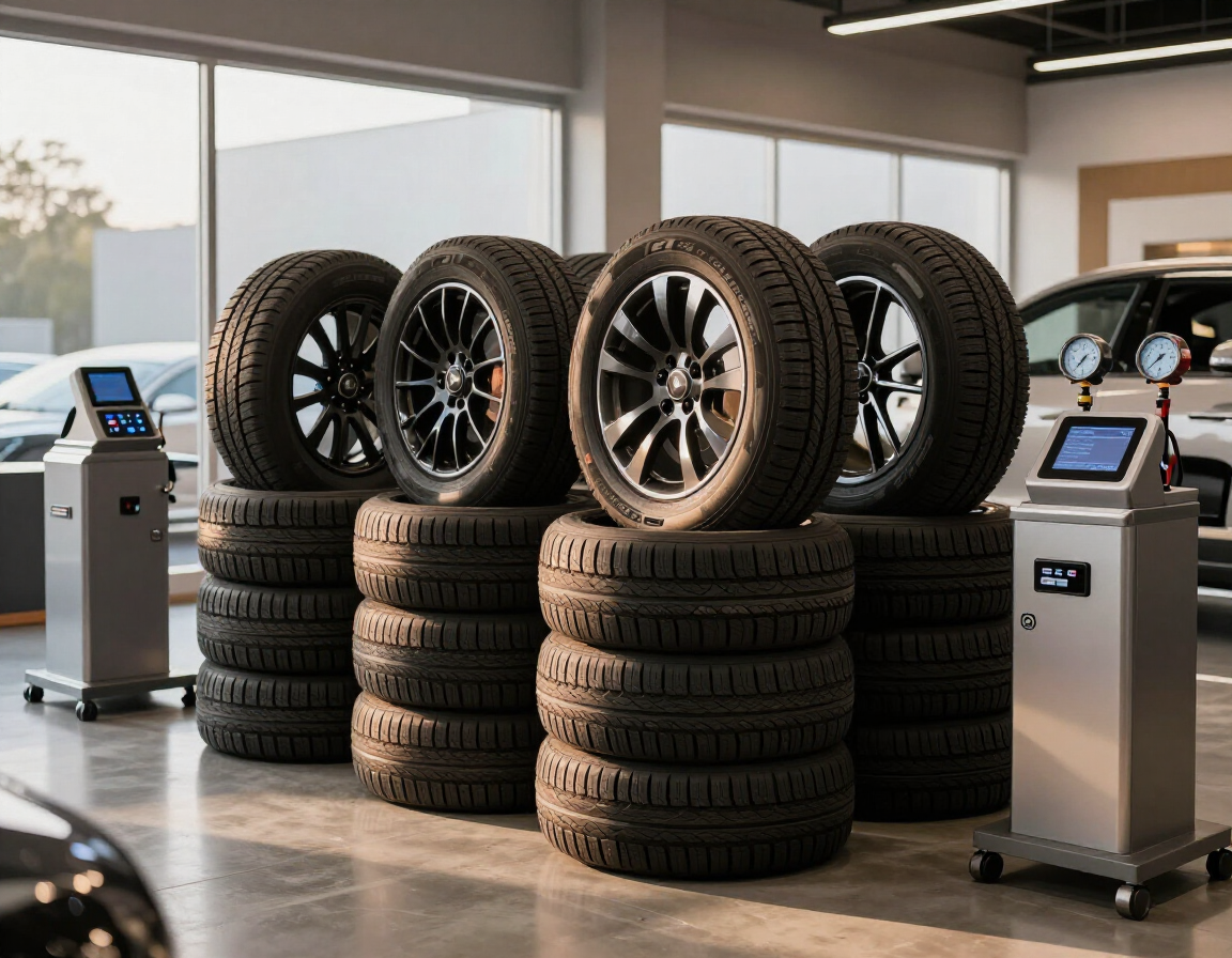 Montones de neumáticos con llantas en un taller mecánico junto a máquinas de montaje de neumáticos.