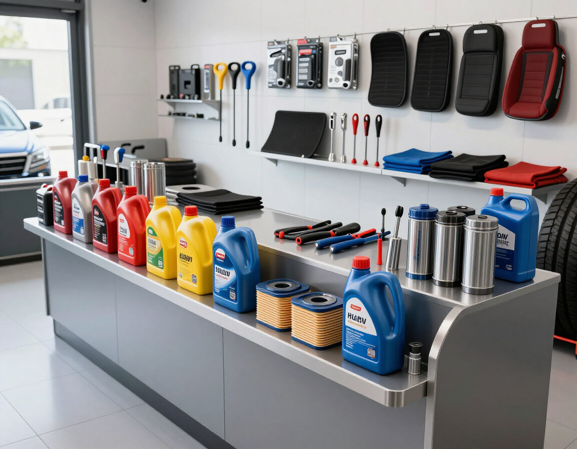 Exhibición ordenada de productos y accesorios para el cuidado del automóvil en un mostrador de exhibición y estantes de pared.