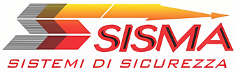 Logo di SISMA, testo rosso con il nome e la scritta "Sistemi di Sicurezza" in basso. Disegno a freccia 