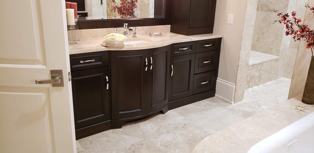 Modern Bathroom with Brown Cabinet — Naples, FL — Rain Forest Marble Inc.