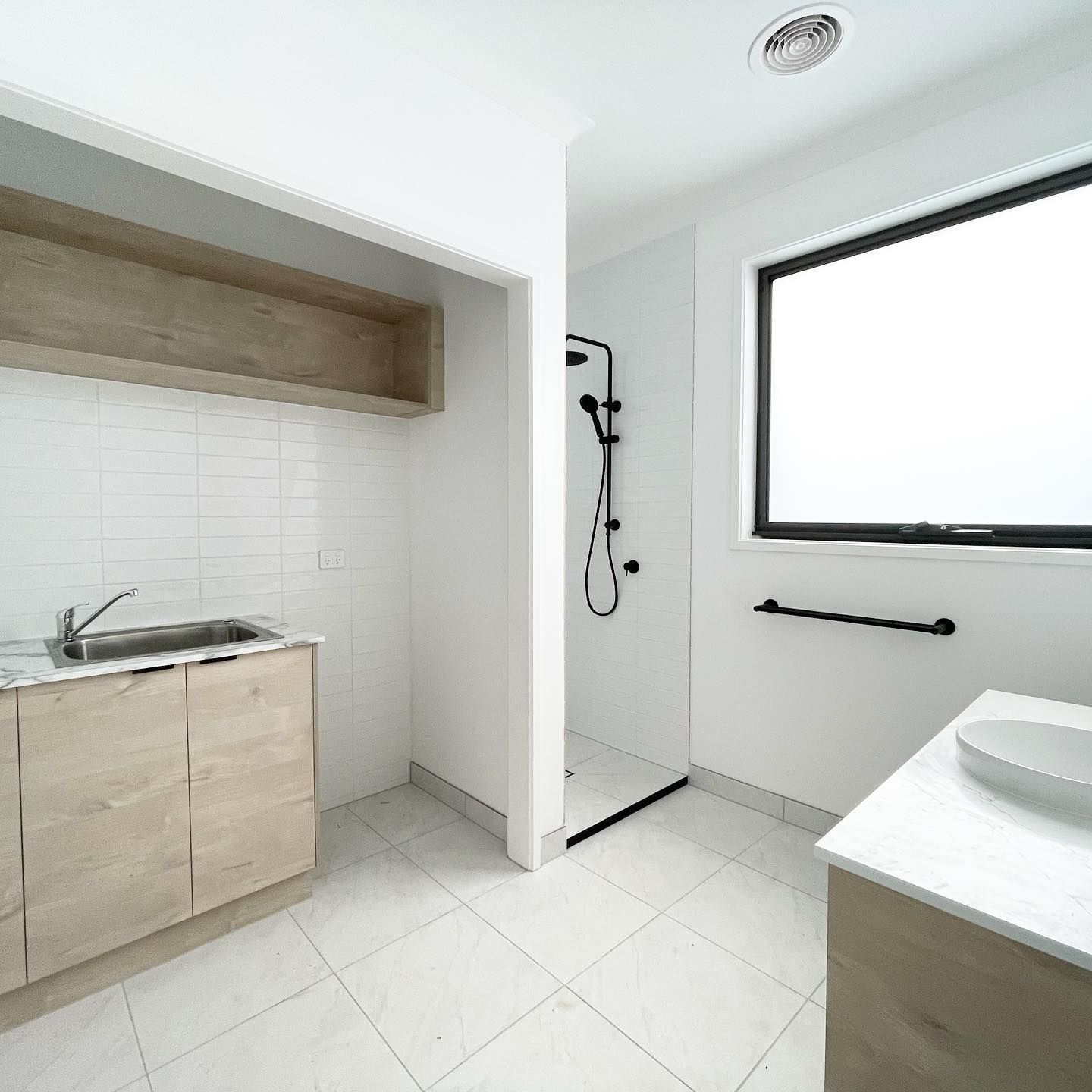 Bathroom with a Sink and a Walk in Shower — Home Construction in Ballan, VIC