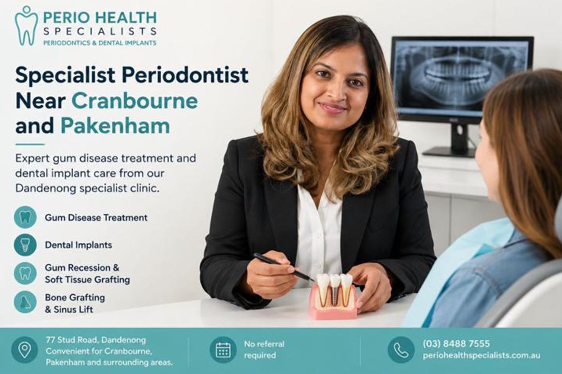 Perio Health ad with smiling dentist beside dental model, highlighting specialist care in Cranbourne and Pakenham