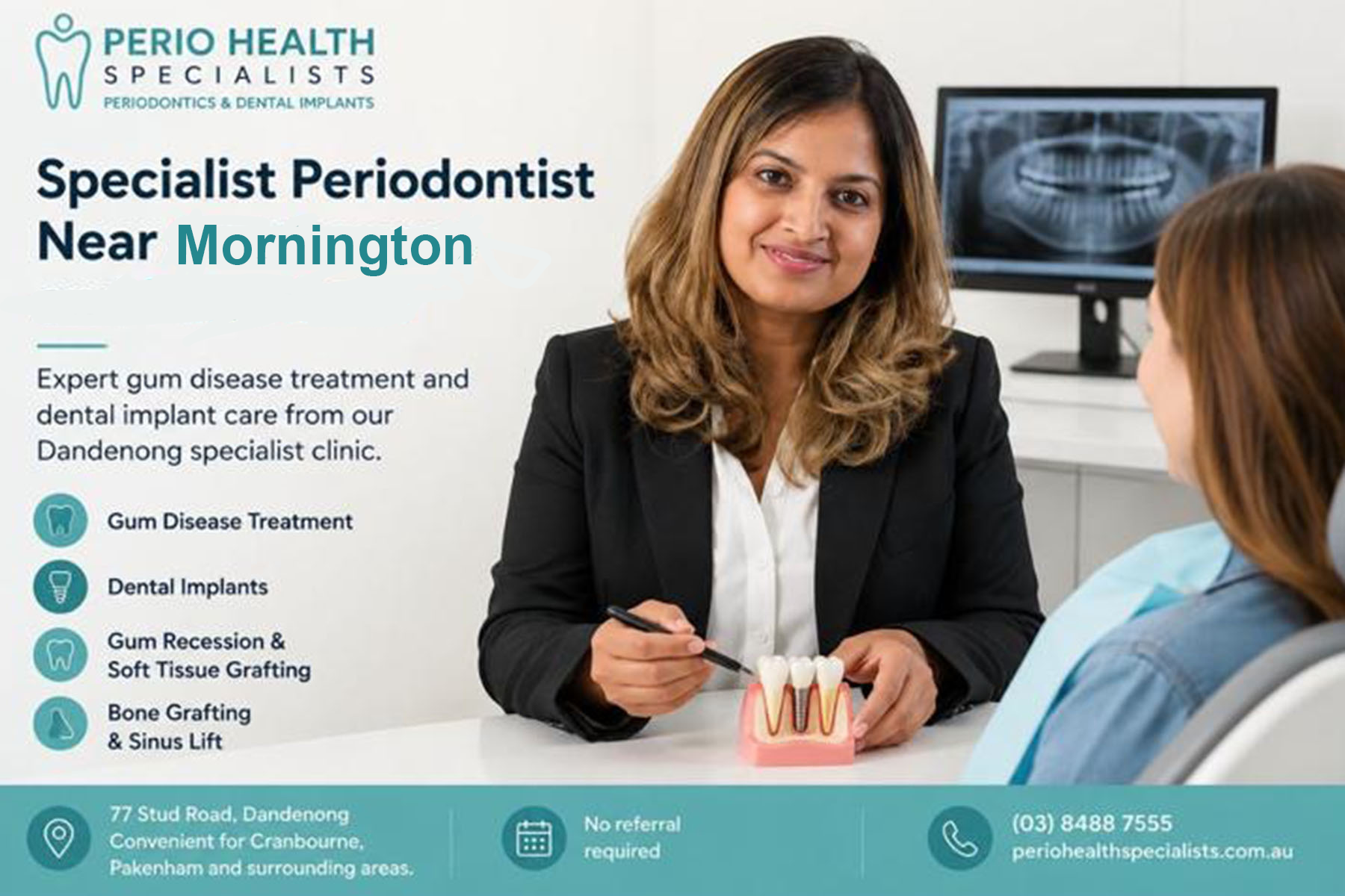 Perio Health Specialties ad with smiling dentist at desk and banner for specialist periodontist near Morgantown