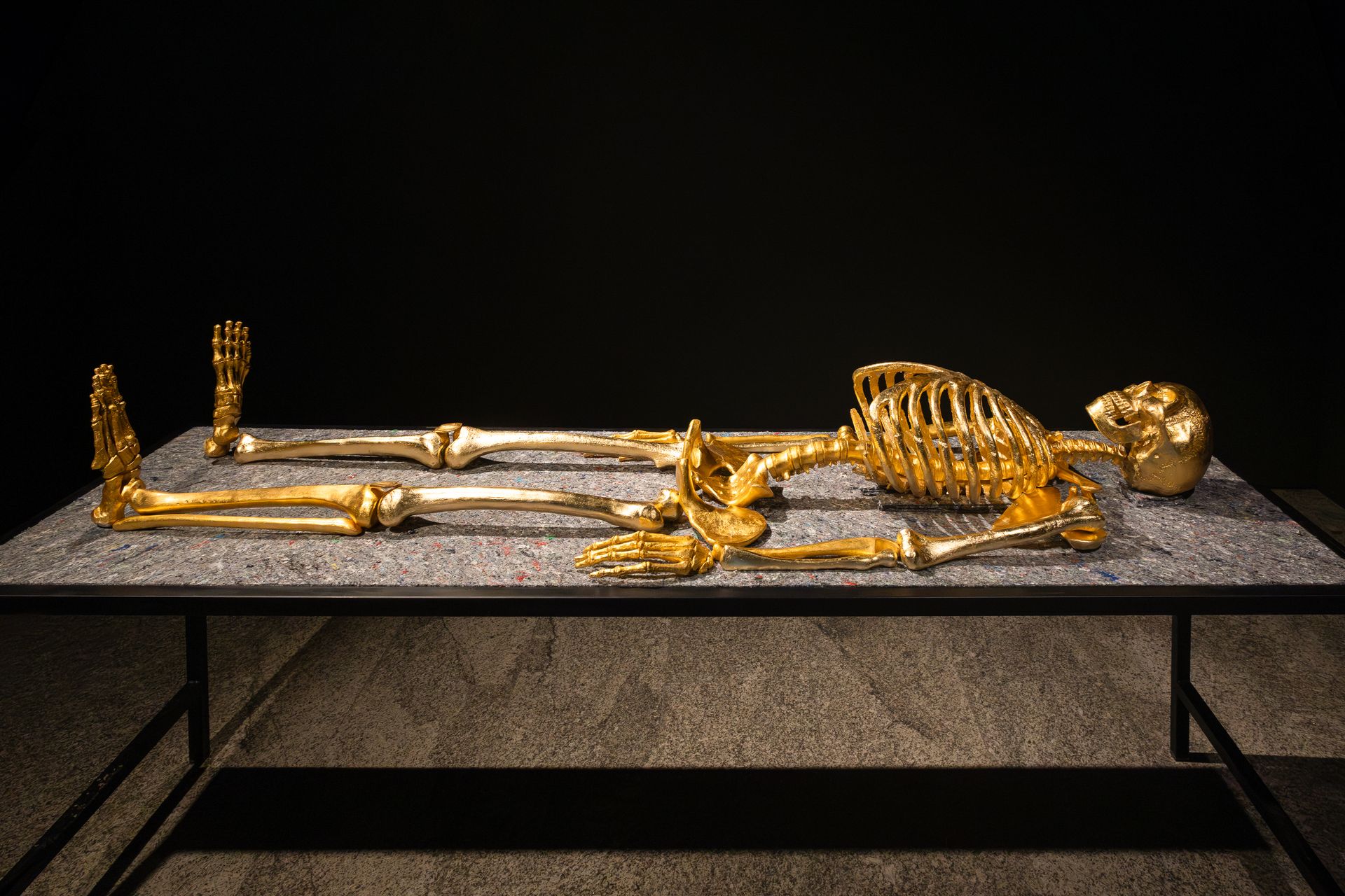 Un esqueleto de oro yace sobre una mesa.