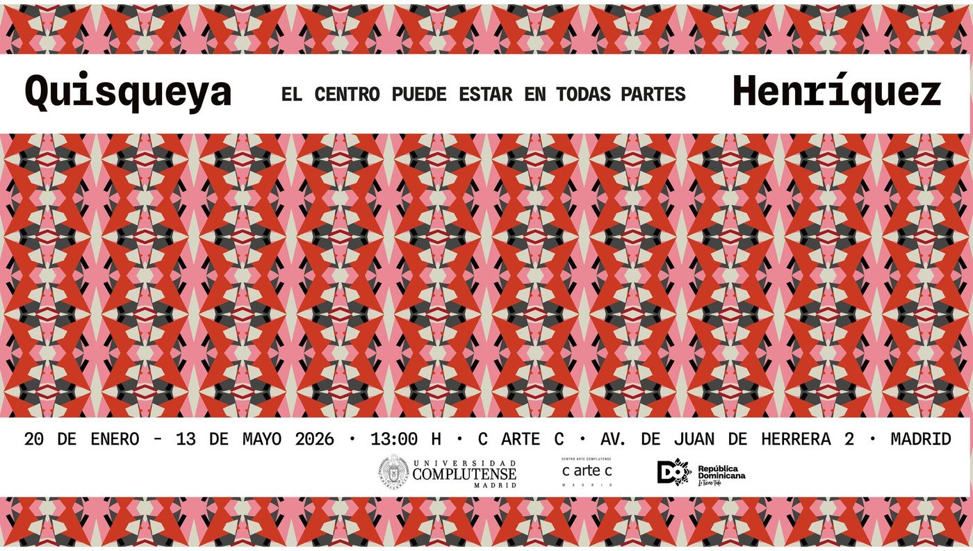 Cartel de la exposición de arte Quisqueya de Henríquez. Fechas: 29 de enero de 2023 - 26 de abril de 2023. Sede en Madrid. Diseño en rojo y negro.
