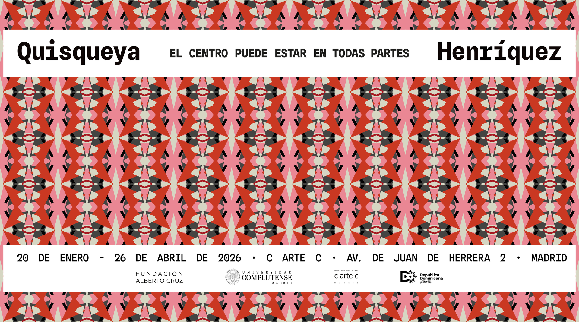 Cartel de la exposición de arte Quisqueya de Henríquez. Fechas: 29 de enero de 2023 - 26 de abril de 2023. Sede en Madrid. Diseño en rojo y negro.