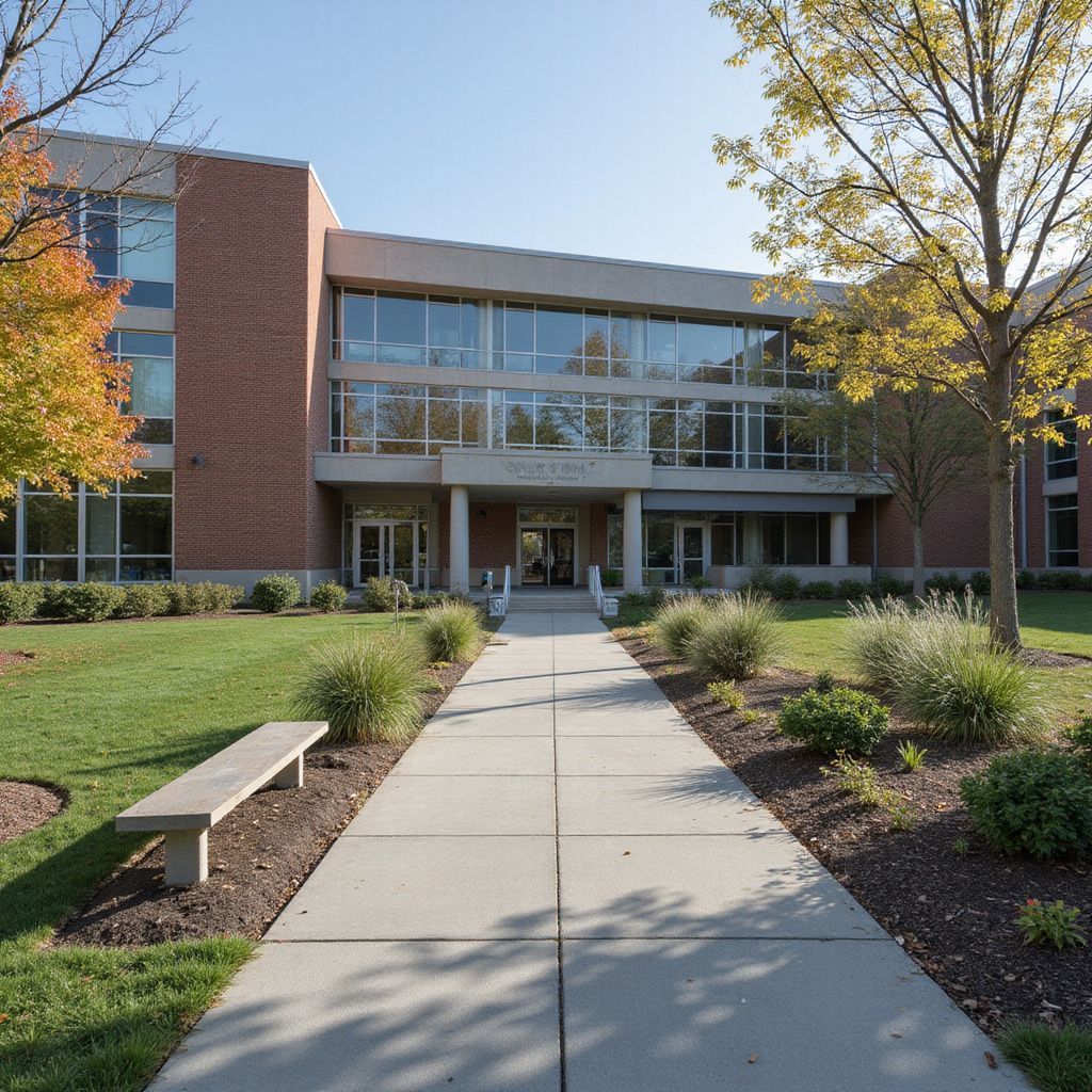 A brick building with large windows and a central entrance, pathway, and surrounding greenery.