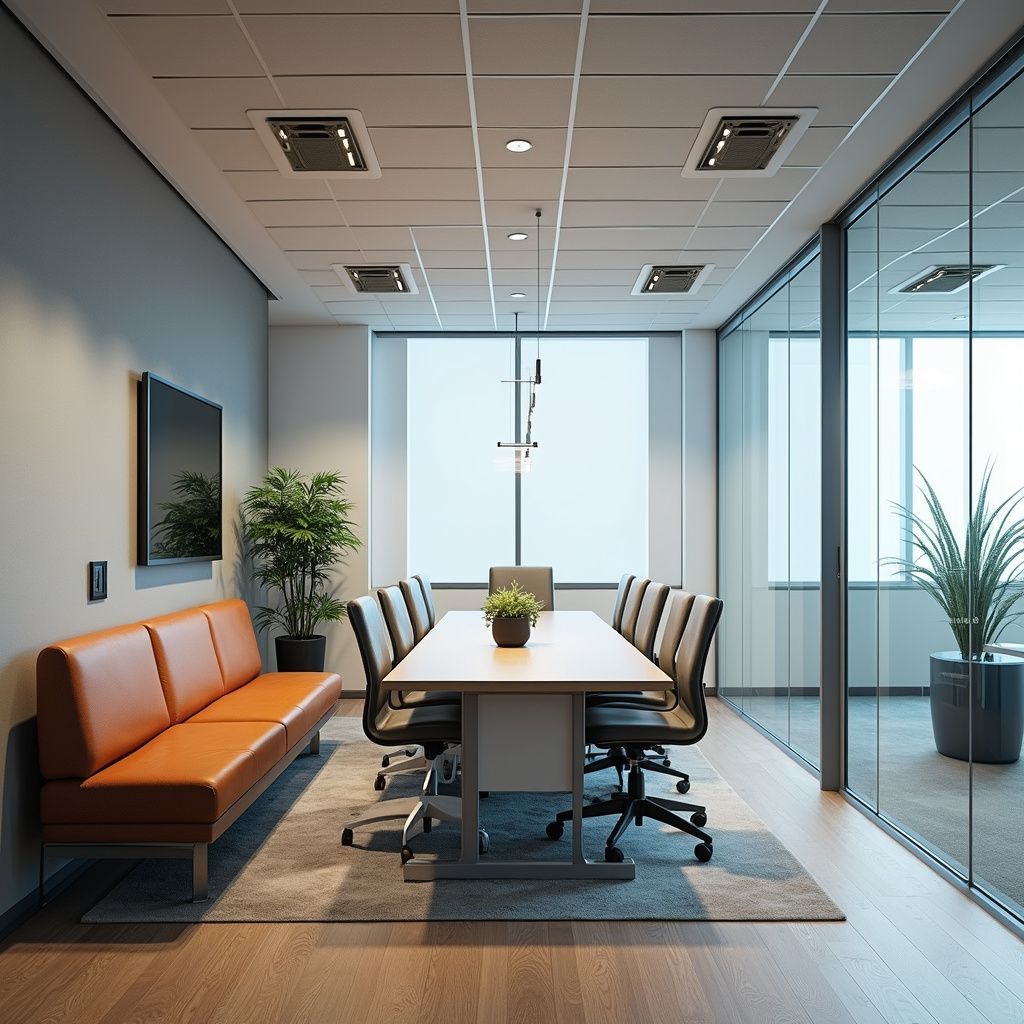 Modern office meeting room with table, chairs, sofa, and glass walls.