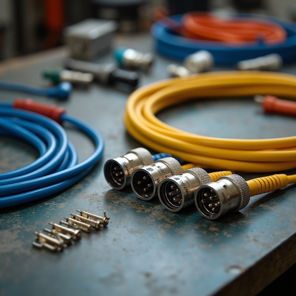 Cables in blue, yellow, and orange, with silver connectors and small metal pins on a workbench.