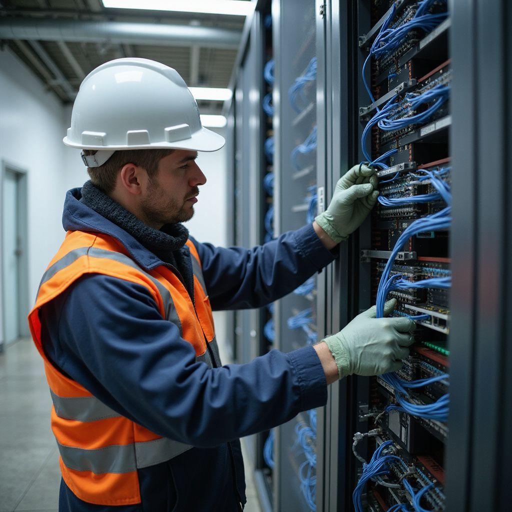 A technician in a hard hat and vest works on network cables in a server room.