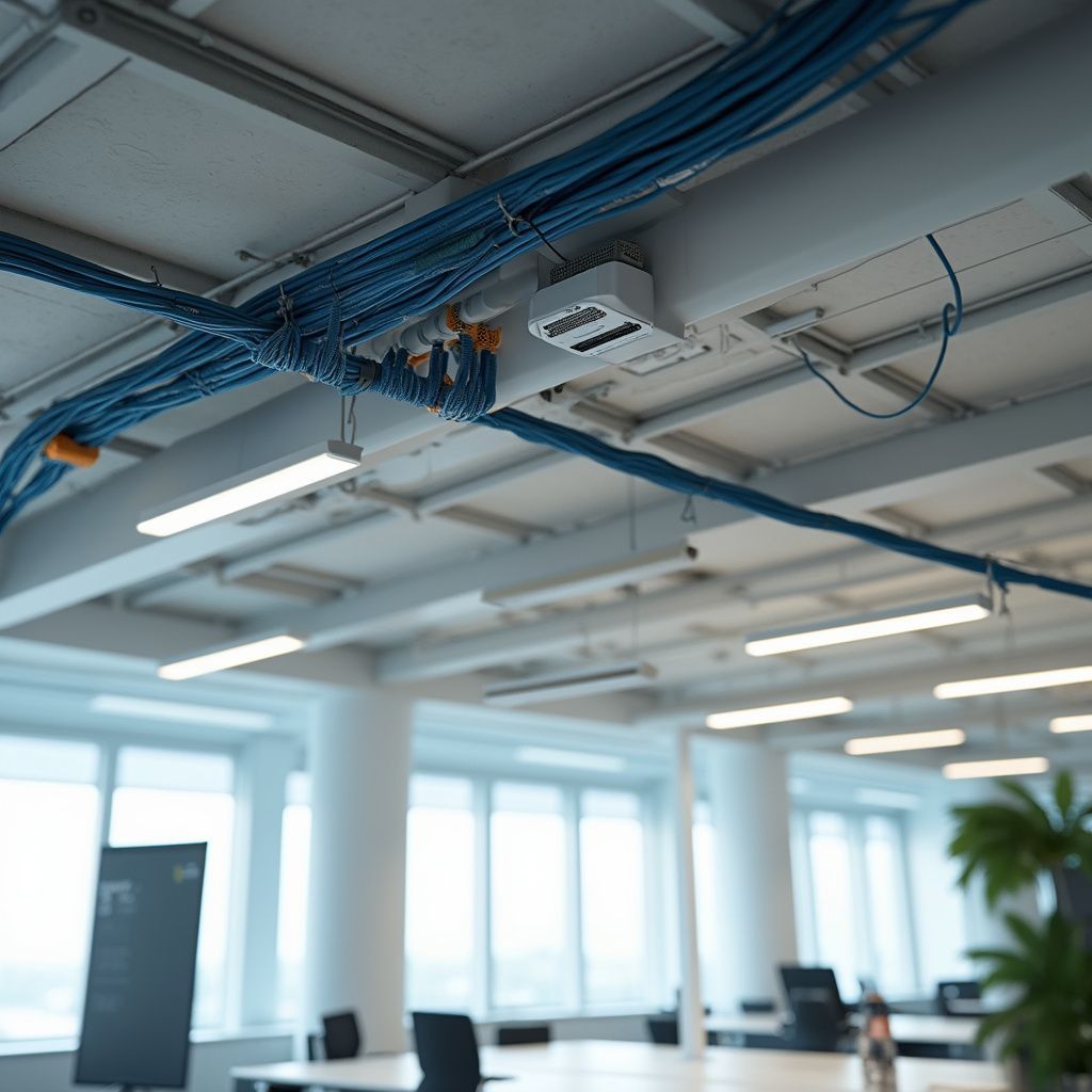 Blue network cables routed across an office ceiling with a network switch. Open office space with desks and windows.