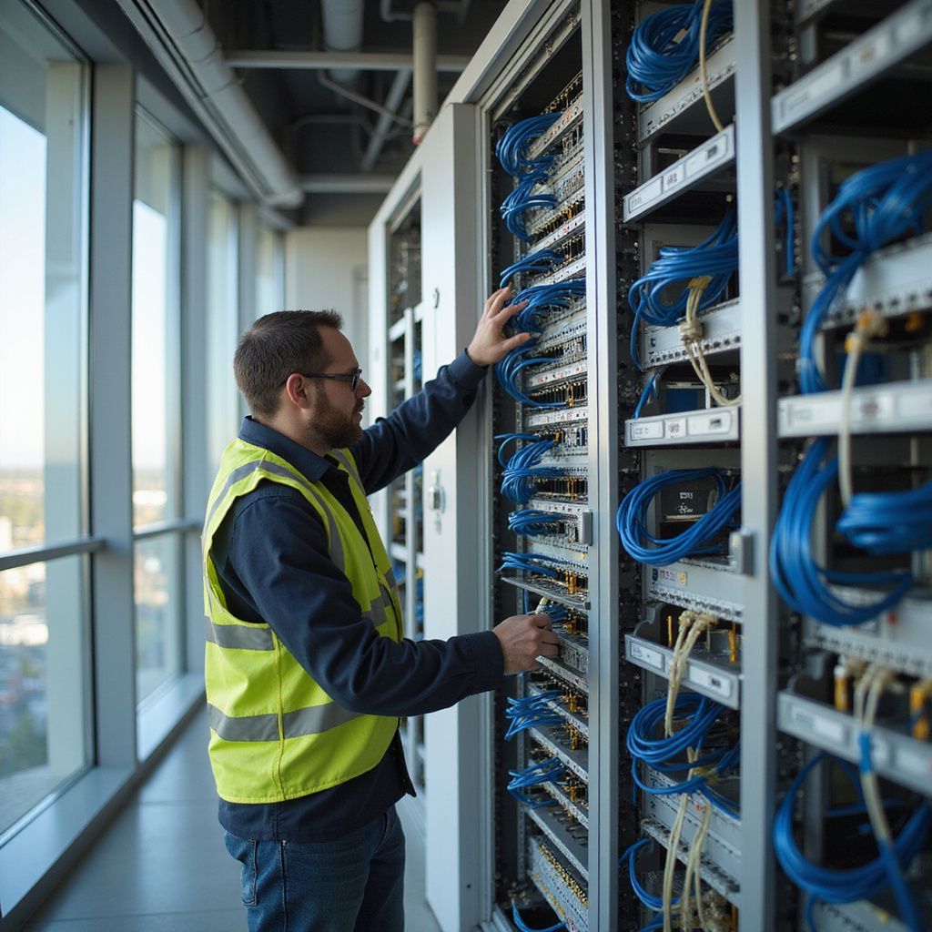 Technician in a high-rise data center, examining server equipment. He wears a yellow safety vest and glasses.