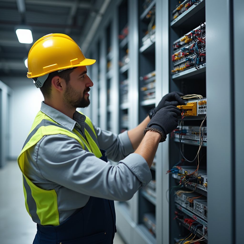 Man in a yellow hard hat and vest works on server equipment in a data center.