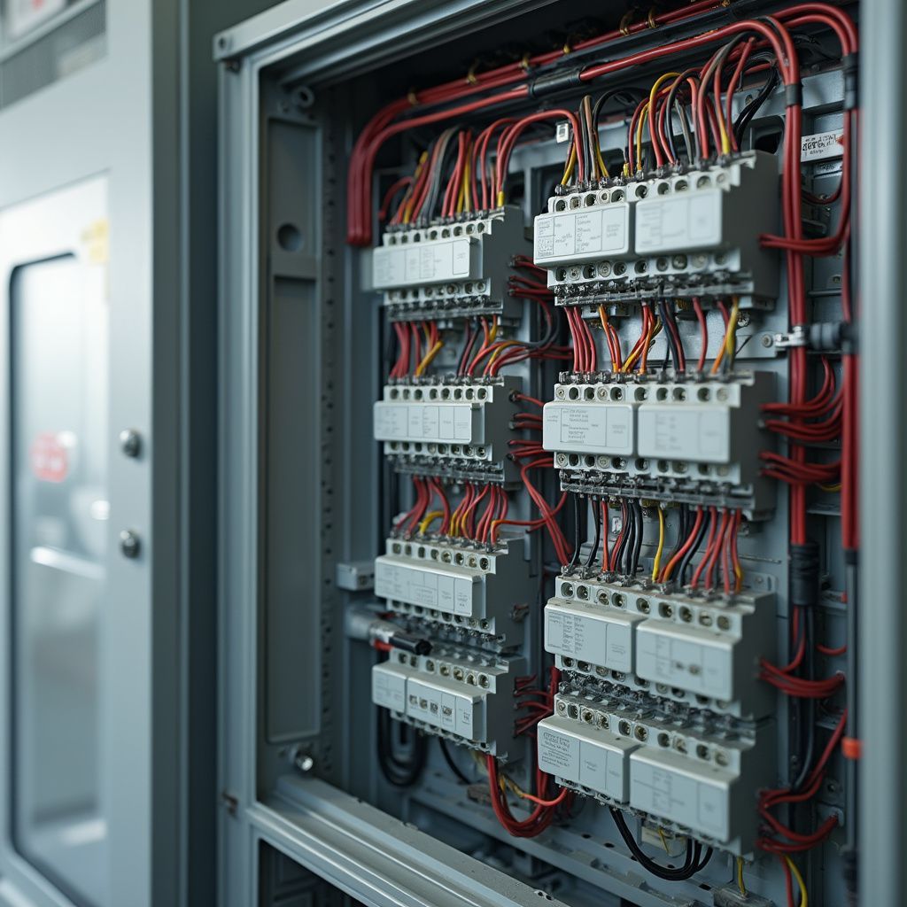 Electrical panel with rows of terminal blocks and wiring, mostly red and yellow, inside a gray metal cabinet.