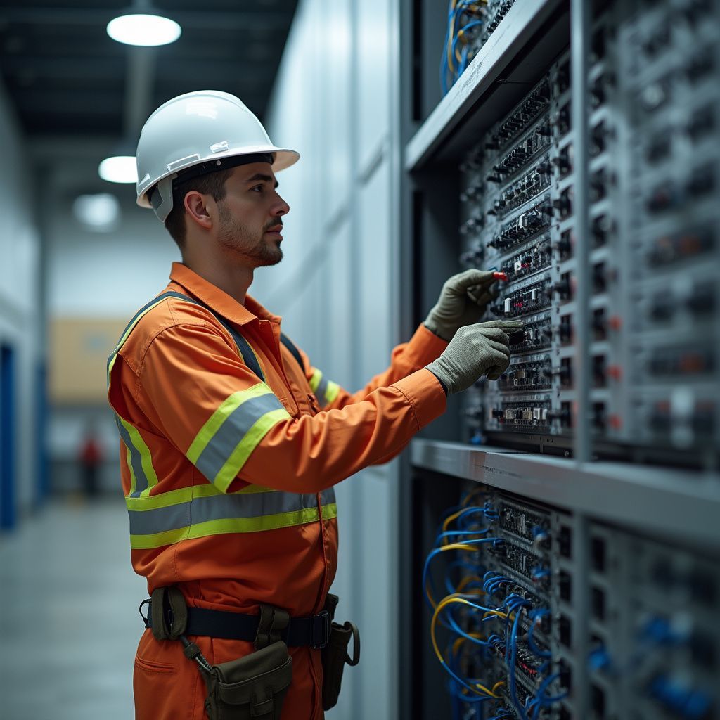Worker in orange jumpsuit and hard hat inspects server equipment in a data center.