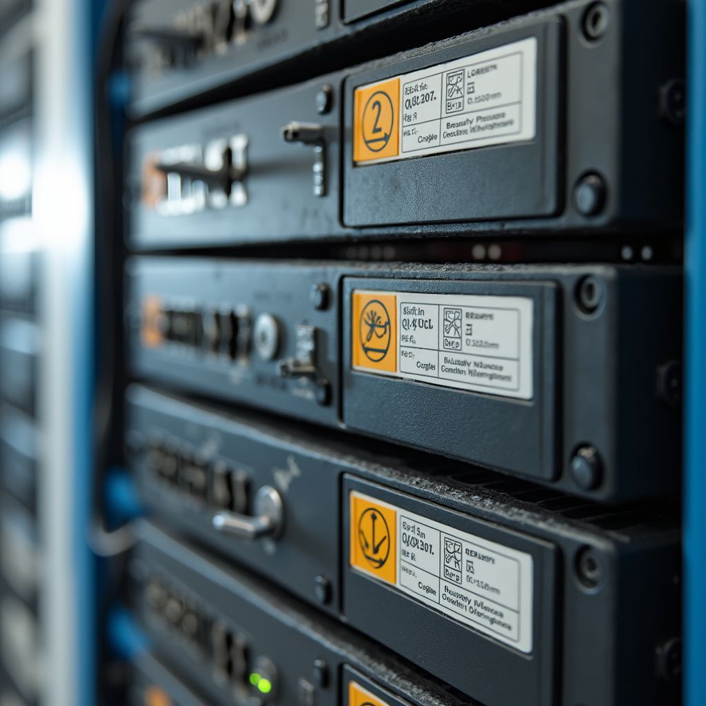 Close-up of a server rack with multiple black server units and labels, showing data center hardware.