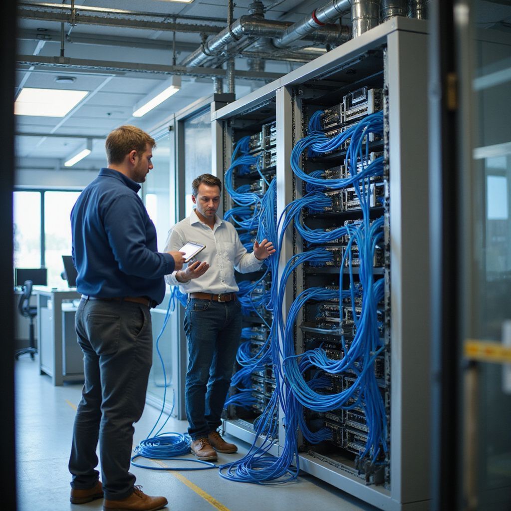 Two men inspecting server racks in a data center; blue cables, digital equipment.