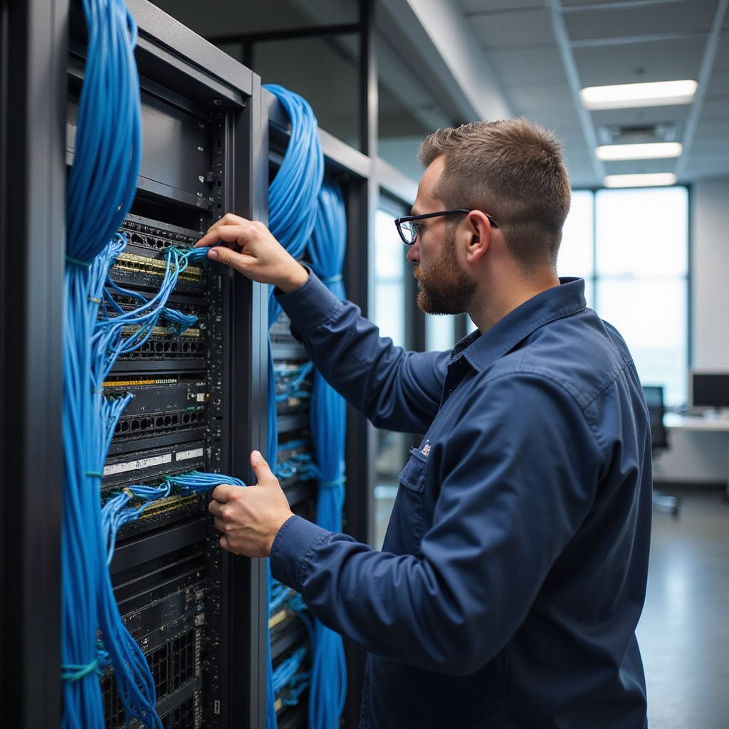 Man in blue shirt works on network cables in server room.