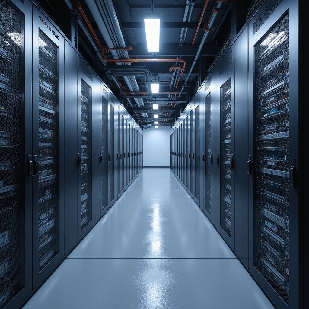 Data center hallway with server racks and overhead pipes.