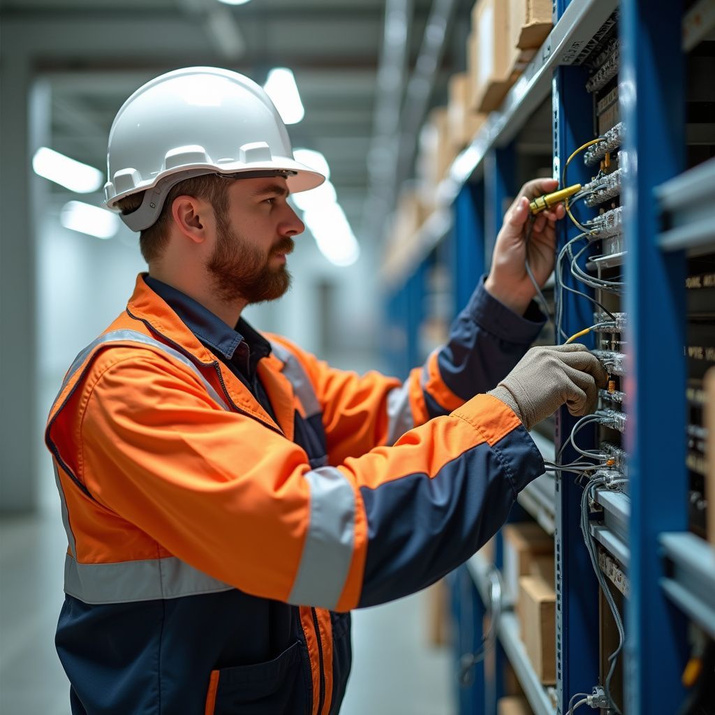 Man in safety gear working with cables in a server room.