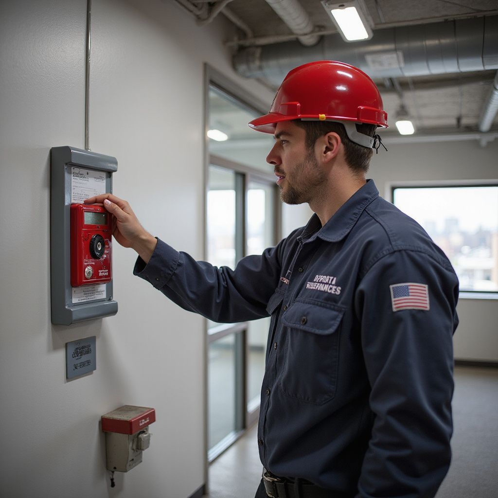 Man in red hard hat and blue uniform inspects a red fire alarm control panel on a wall.