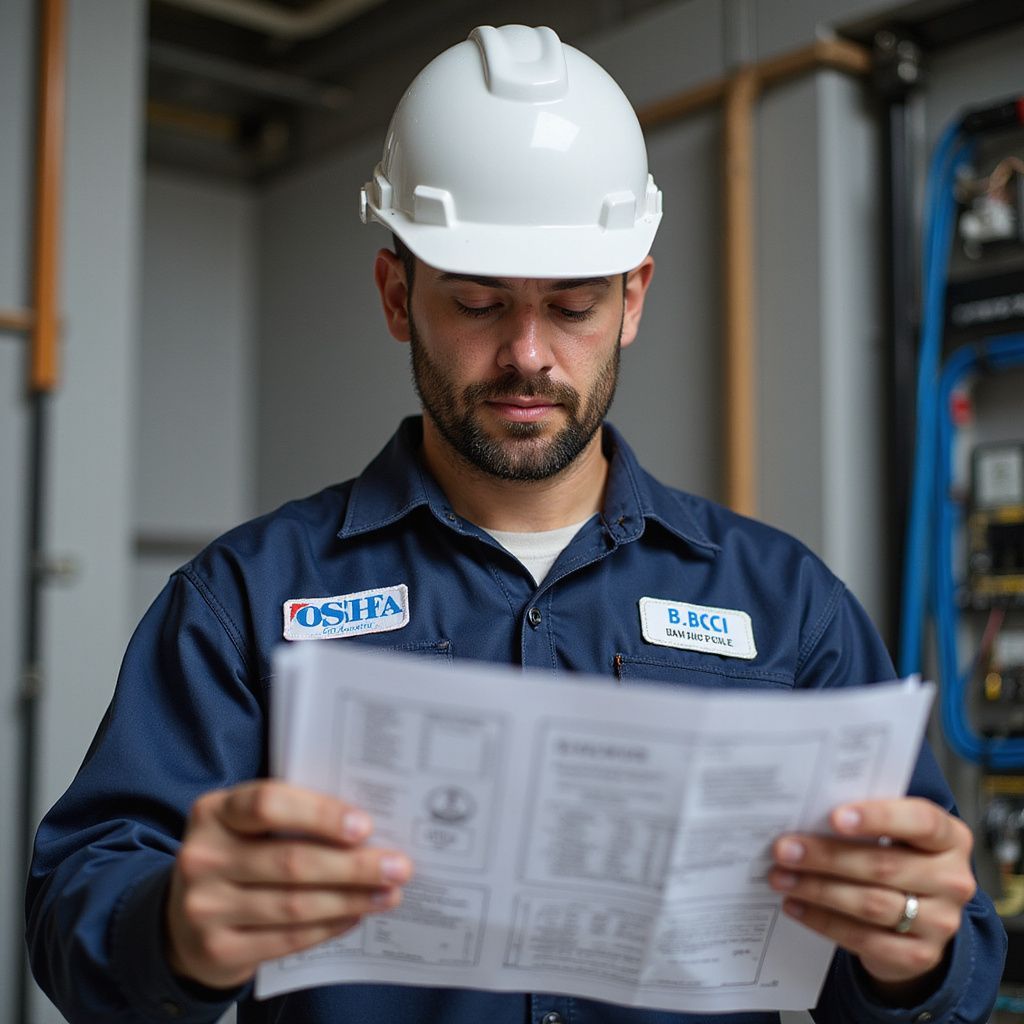 Man in hard hat and work uniform reviewing blueprints indoors.