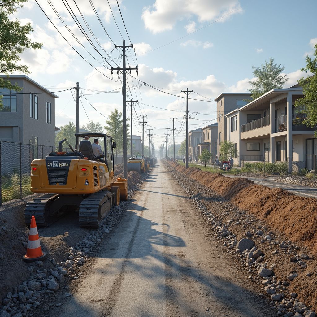 Construction site with yellow excavator, workers, and power lines along a residential street.