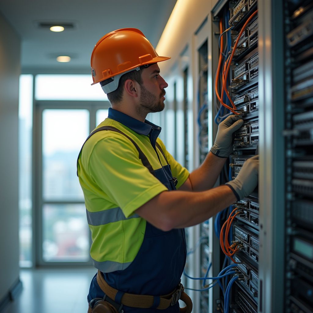 Technician in hard hat and safety vest, working on network server cables in a data center.