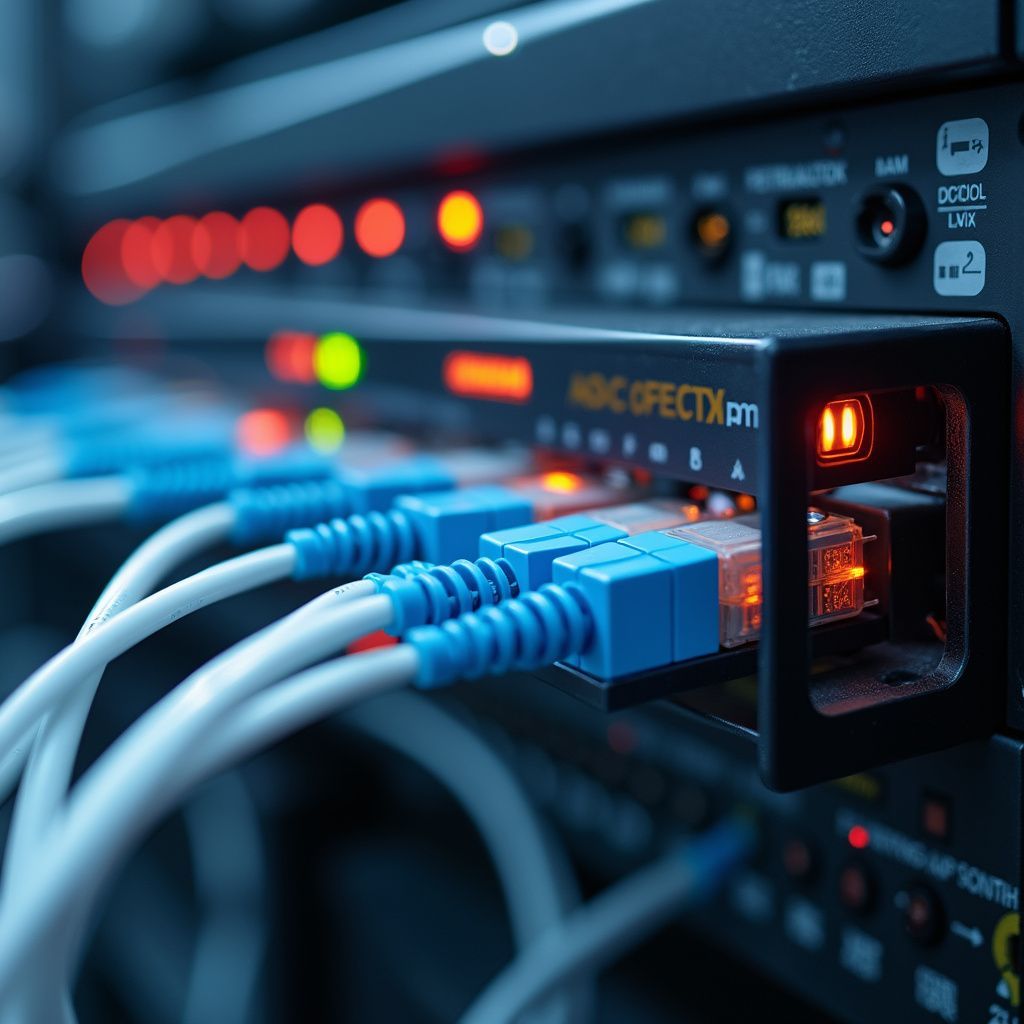 Network server with blue and white cables connected to various ports, illuminated by orange and green lights.