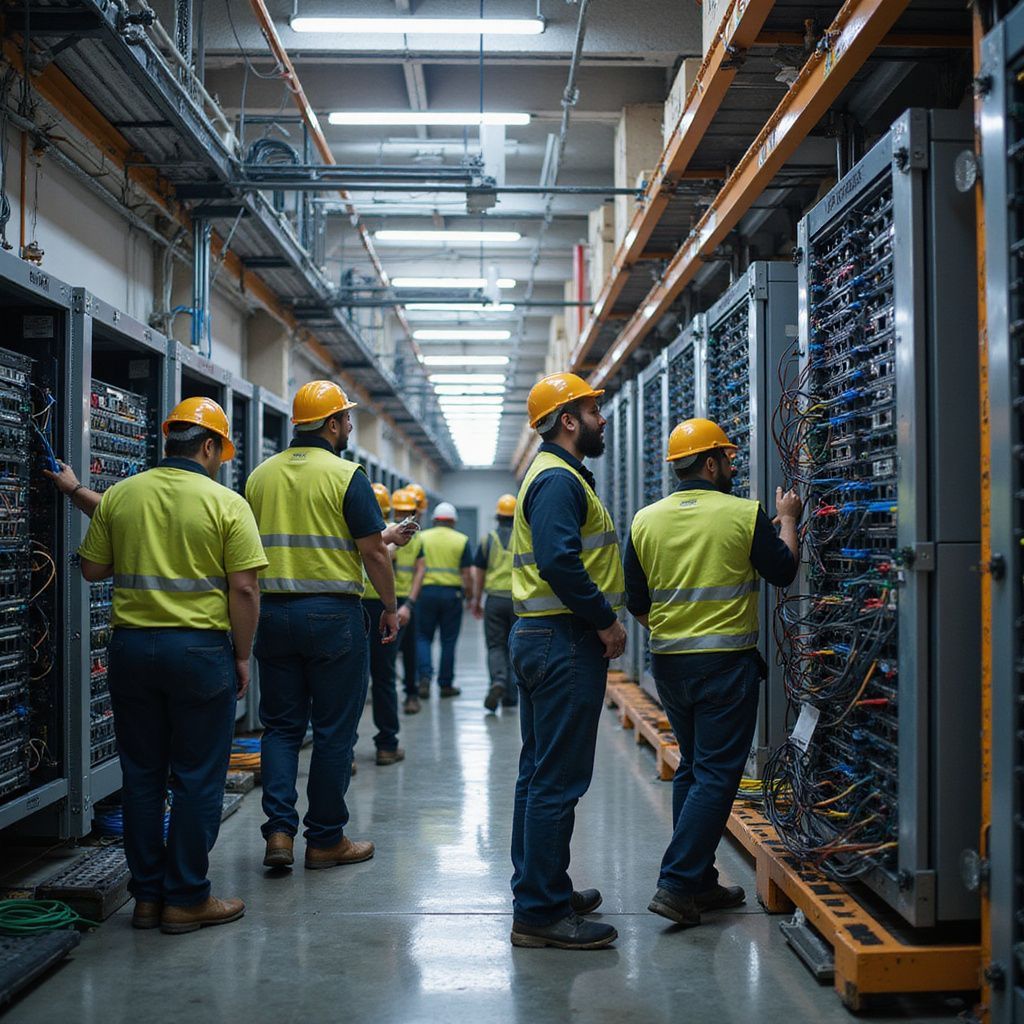 Workers in a server room wearing hard hats and safety vests inspect equipment.