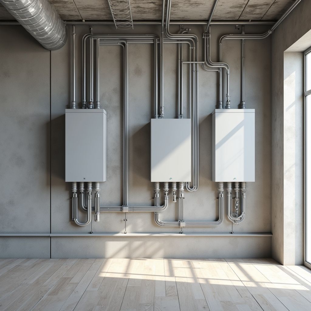 Three utility boxes with metal pipes on a concrete wall, room with wood floor and window.