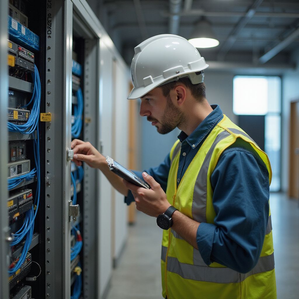 Technician in hard hat and vest examines server rack with tablet in hand.