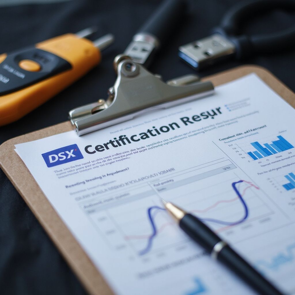 Clipboard with certification document and graphs, pen, and electrical testing equipment.