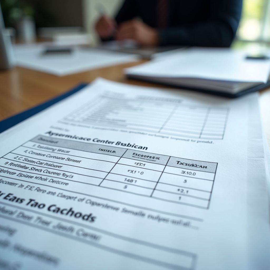 A document on a table; someone in background. Document contains data tables with labels and numbers.