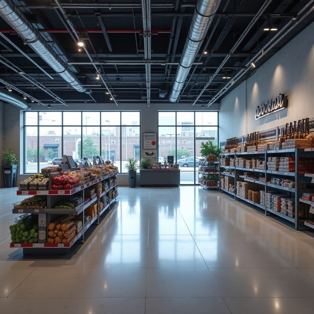 Grocery store interior: shelves with produce and packaged goods, large windows, polished concrete floor.