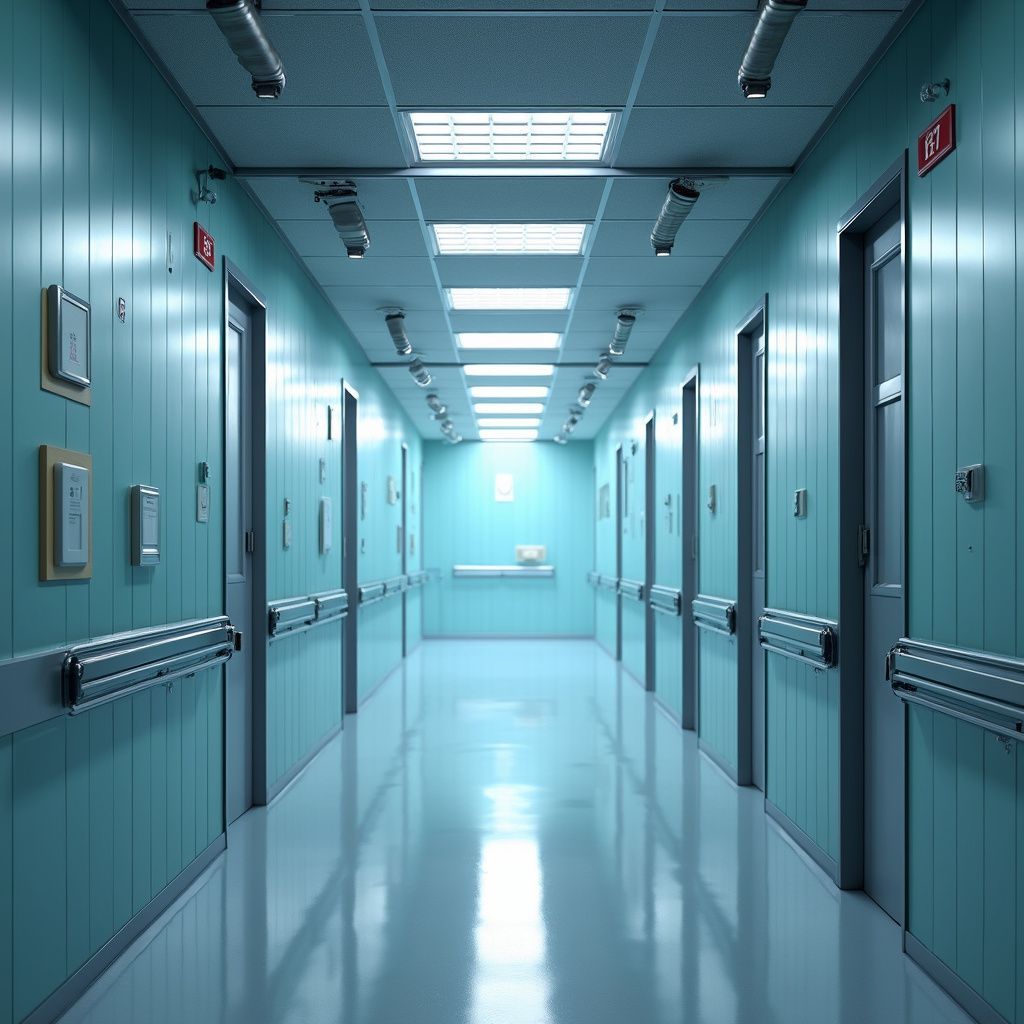 Long hospital corridor with teal walls, doors, and bright overhead lights.